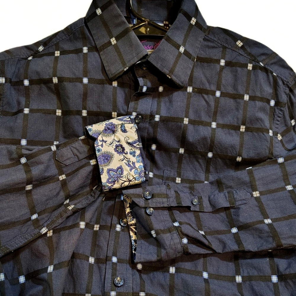Tasso Elba Mens Navy Button Up Dress Shirt M Long Sleeve Checked Cotton Paisley